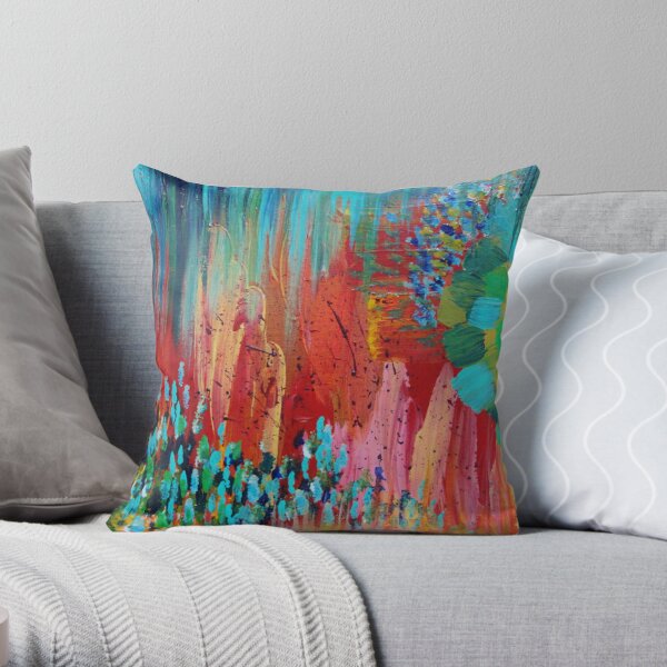REVISIONED RETRO - Bright Bold Red Abstract Acrylic Colorful Painting 70s Twist Vintage Style Hip Throw Pillow