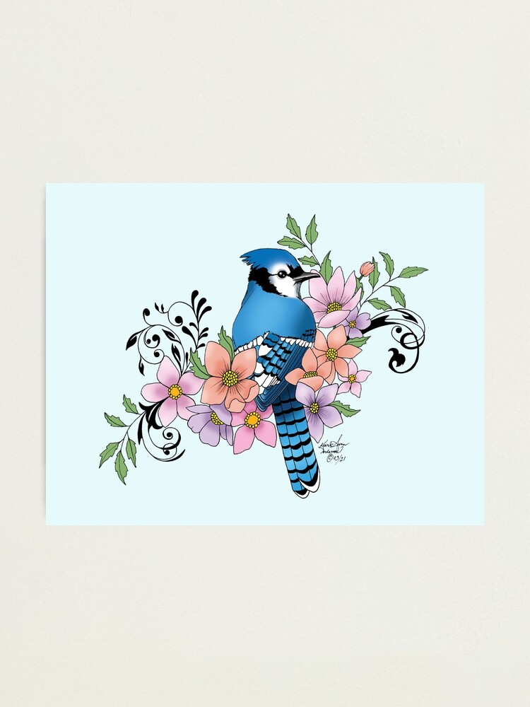 Blue Bird Outline With Flowers Photographic Print for Sale by  Ketrinartistka