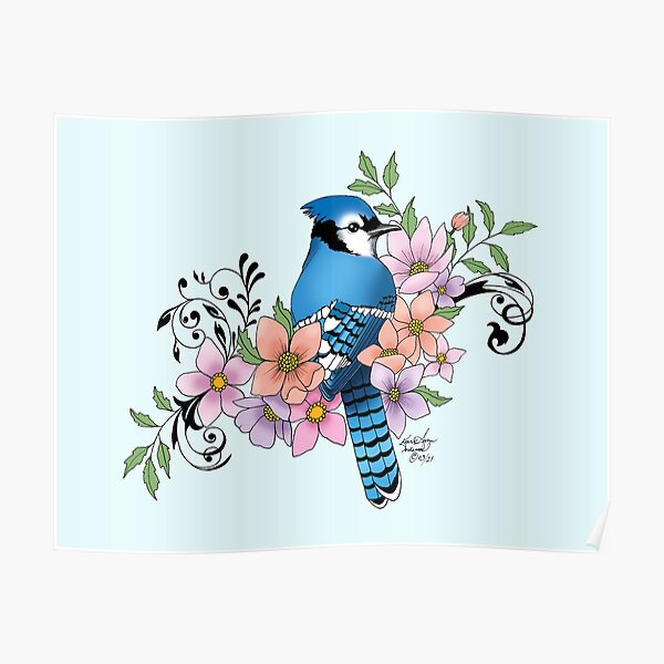 Blue Jay Bird Hugging Northern Cardinal Poster by alwe-designs