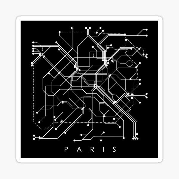 Paris Metro Map Monochromatic - Black background, white print. Sticker