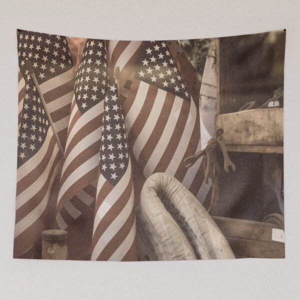 Item preview, USA Country American Flags in Rustic Hardware Store Window designed and sold by nancyjcreates.