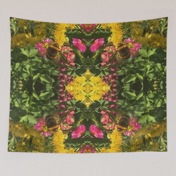 Item preview, Divine Botanical: Bumblebees Buzzing through Gilded Yellow and Fuchsia Flora designed and sold by RoseAromas.