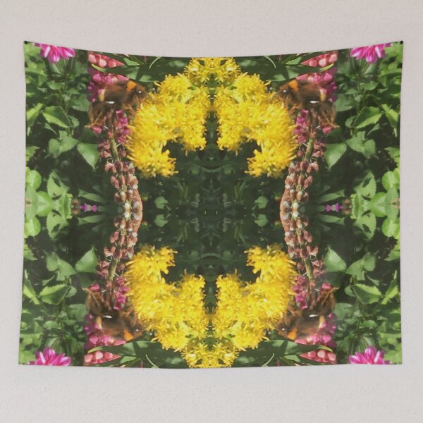 Item preview, Divine Botanical: Bumblebees Buzzing through Gilded Yellow and Fuchsia Flora designed and sold by RoseAromas.