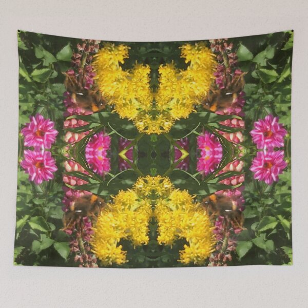 Item preview, Divine Botanical: Bumblebees Buzzing through Gilded Yellow and Fuchsia Flora designed and sold by RoseAromas.