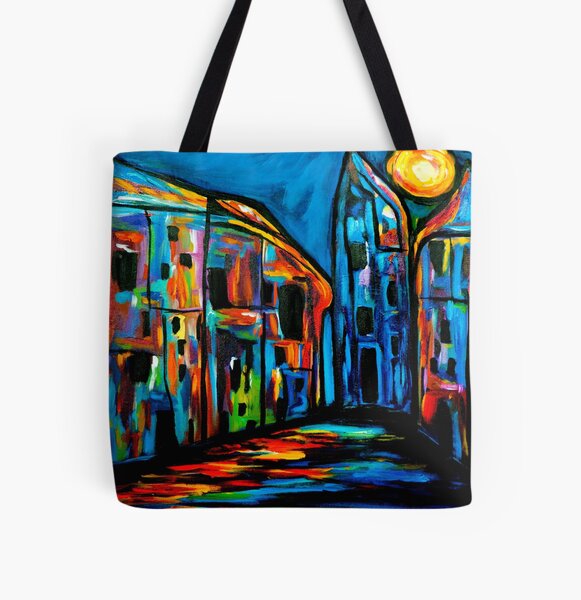 Moon-Kissed — colourful abstract moonlit village All Over Print Tote Bag