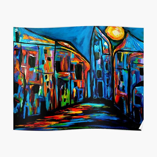 Moon-Kissed — colourful abstract moonlit village Poster