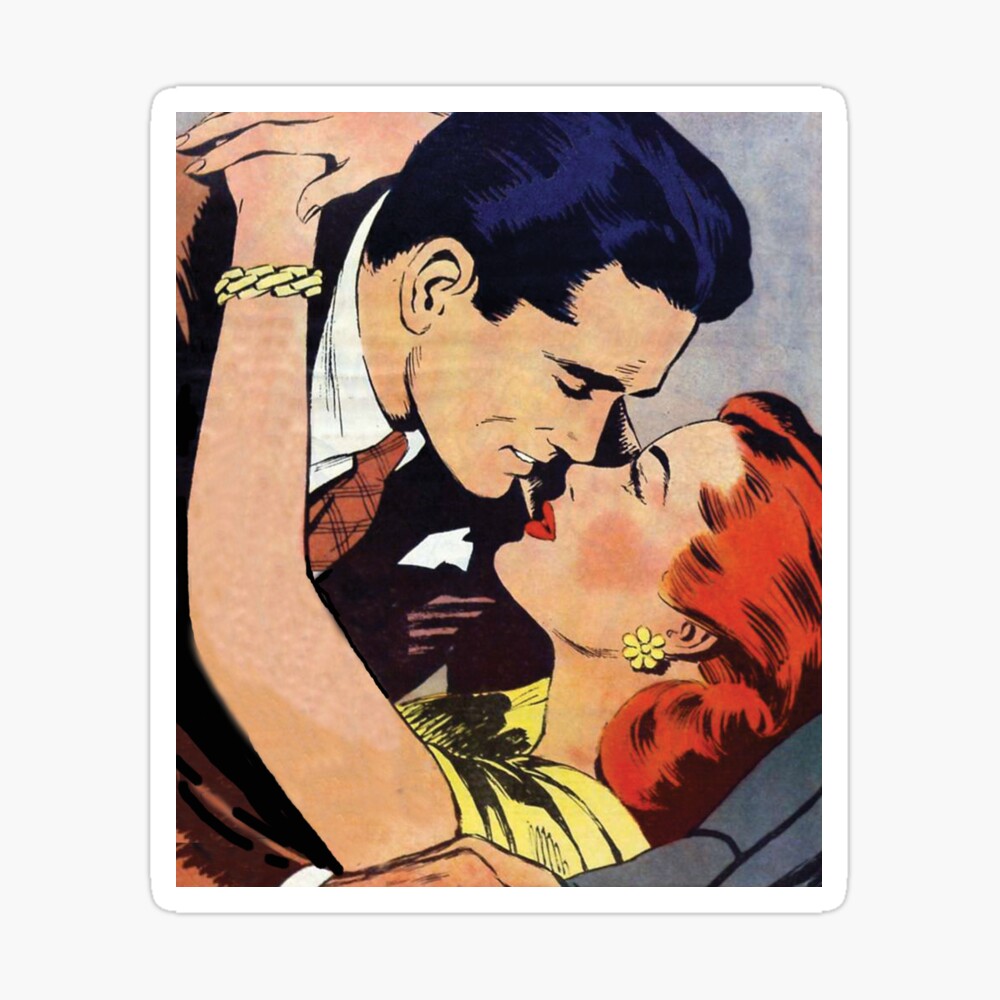 Couple in a loving embrace, she has red hair and a flower earring - vintage  retro comic.