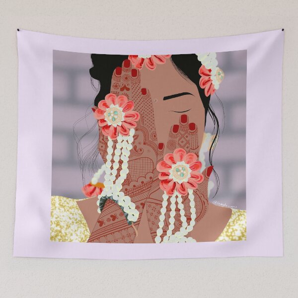 Item preview, Beautiful woman on her Mehndi/ Henna/ Hen Day - Desi Wedding, floral, upclose, faceless illustration, detailed illustration designed and sold by SemDesigns1.