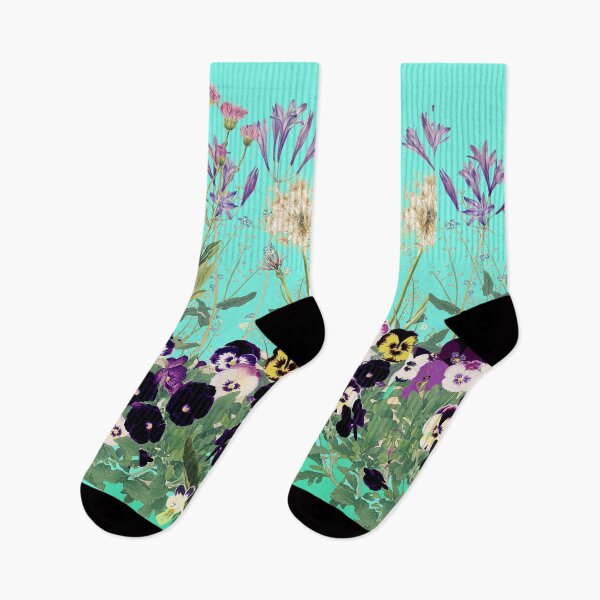 Item preview, PANSIES ,WILD FLOWERS ,DANDELIONS,GREEN LEAVES IN TEAL BLUE Floral Pattern designed and sold by BulganLumini.