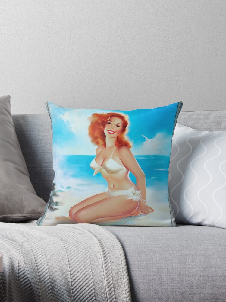 Beach Beauty by Edward Runci Vintage Pin-Up Girl Art Decorative Art Print Throw Pillow