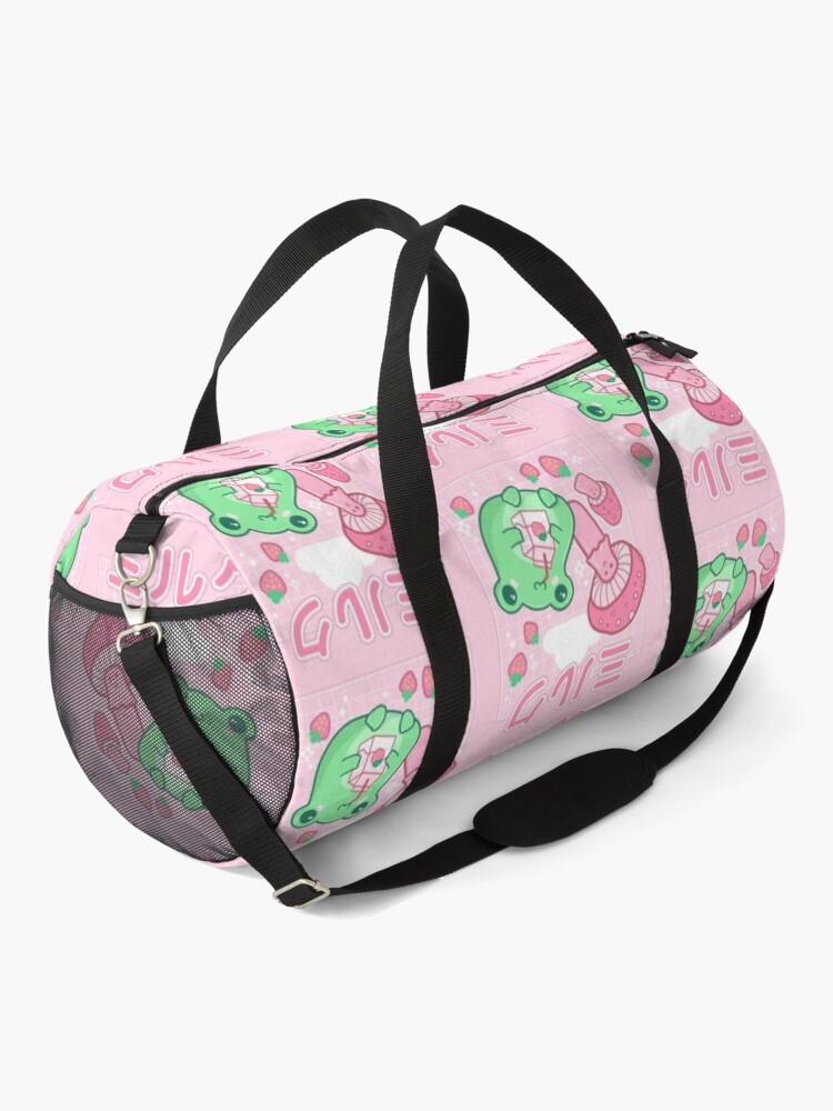 Duffle Bag, Cute Cottagecore Frog with Strawberries in Retro 90s Kawaii Aesthetic: A Japanese Y2K Style Pink Fungi and Bubble Milk Froggy for Cyberpunk Weirdcore and Pinkish Frog Lovers designed and sold by MinistryOfFrogs