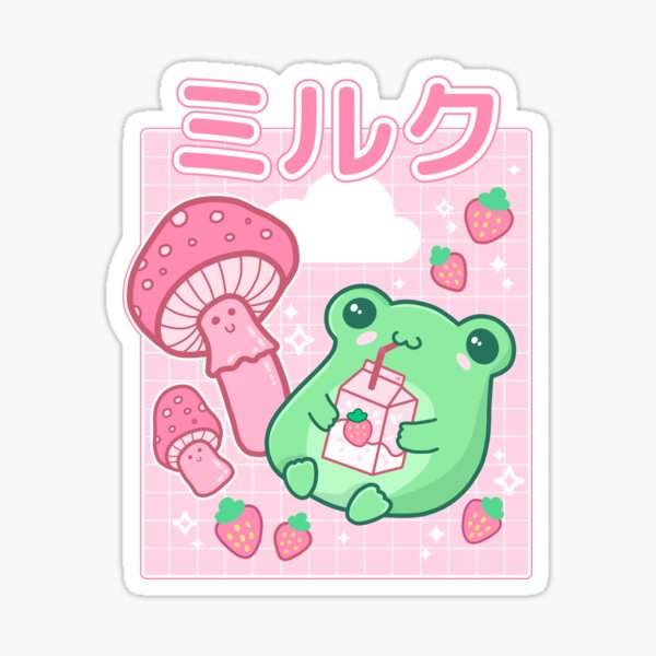 Cute Cottagecore Frog with Strawberries in Retro 90s Kawaii Aesthetic: A Japanese Y2K Style Pink Fungi and Bubble Milk Froggy for Cyberpunk Weirdcore and Pinkish Frog Lovers Sticker
