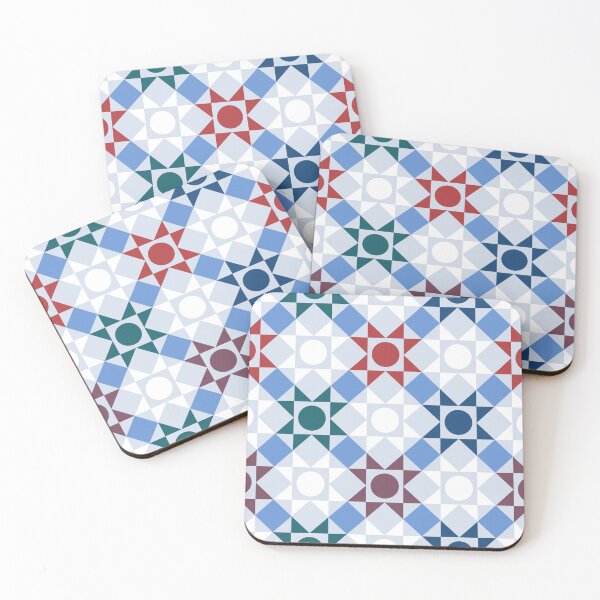 Item preview, Geometric pattern in the style of hugge in blue, gray and red colors. A patchwork quilt. designed and sold by NLobes.
