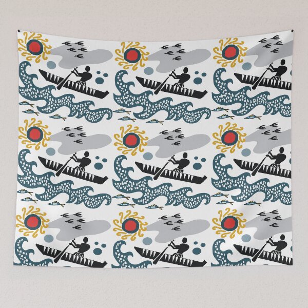 Item preview, Tropical South Pacific island design with canoe, waves and fish designed and sold by Al Benge - NZ & Australian Art.