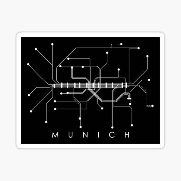 Munich Subway Map - Monochromatic - White on Black Sticker