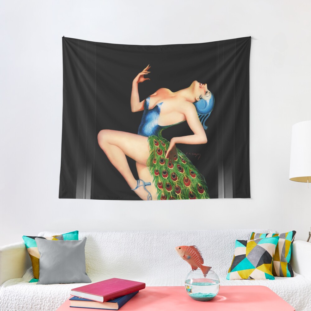 Peacock Dancer by Earle Kulp Bergey Art Deco Vintage Old Masters Reproduction Tapestry