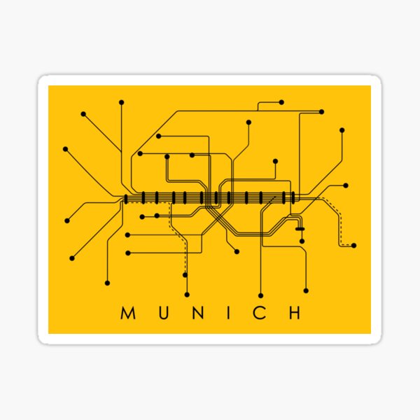 Munich Subway Map Monochromatic - Honey Yellow with Black Print Sticker