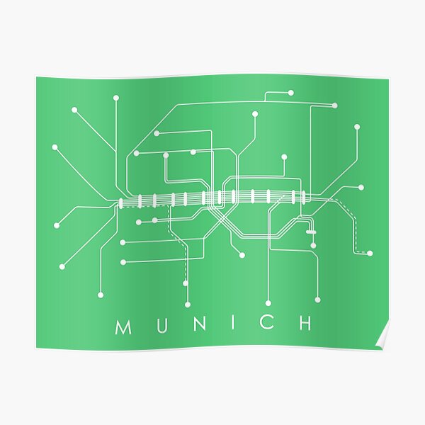 Munich Subway Map Monochromatic - Vintage 50s Green with White Print Poster