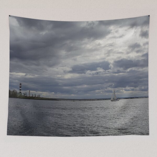 Item preview, White sailboat and stripped lighthouse in Baltic sea designed and sold by lena-maximova.