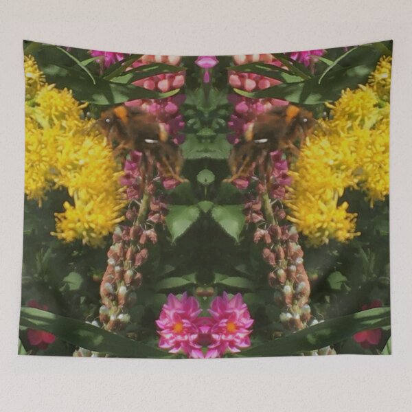 Item preview, Bee Bumbling Beauty in the Late Autumn Sun amongst the Gilded Yellow and Cerise Flowers designed and sold by RoseAromas.