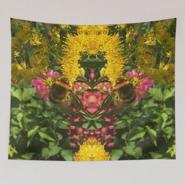 Item preview, Bee Bumbling Hearts in the Late Autumn Sun, amongst the Gilded Yellow and Cerise Flowers designed and sold by RoseAromas.