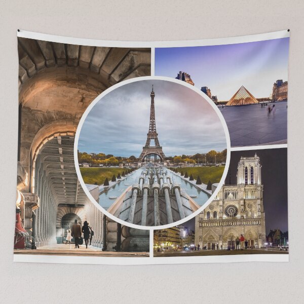 Item preview, Paris photo collage Eiffel Tower, Louvre Museum, Notre Dame, Bir-hakeim Bridge designed and sold by PhotoPrise.