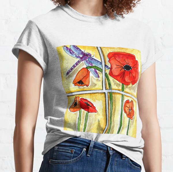 Dragonfly with Poppies - Watercolor Classic T-Shirt