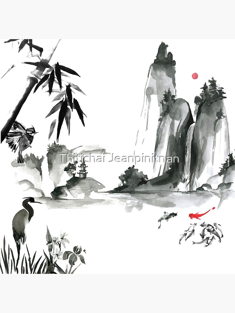 墨絵　Sumi-e a painting in black ＆white Forest River Black and White Ink Painting Landscape Handmade