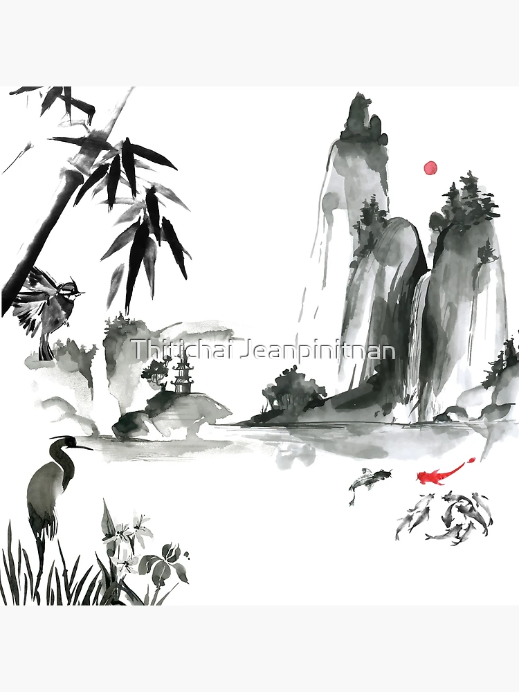 墨絵　Sumi-e a painting in black ＆white Mountain View Landscape — Original Sumi-e Painting, Zen