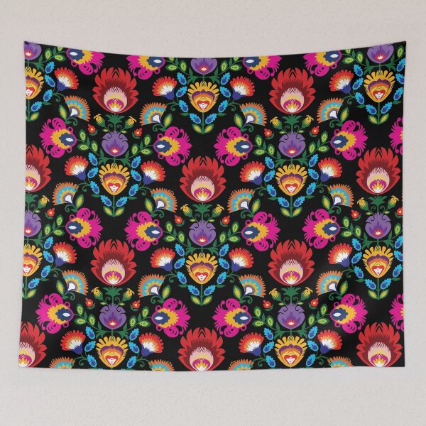 Item preview, Folk diamond with pink flower on black designed and sold by FK-UK.