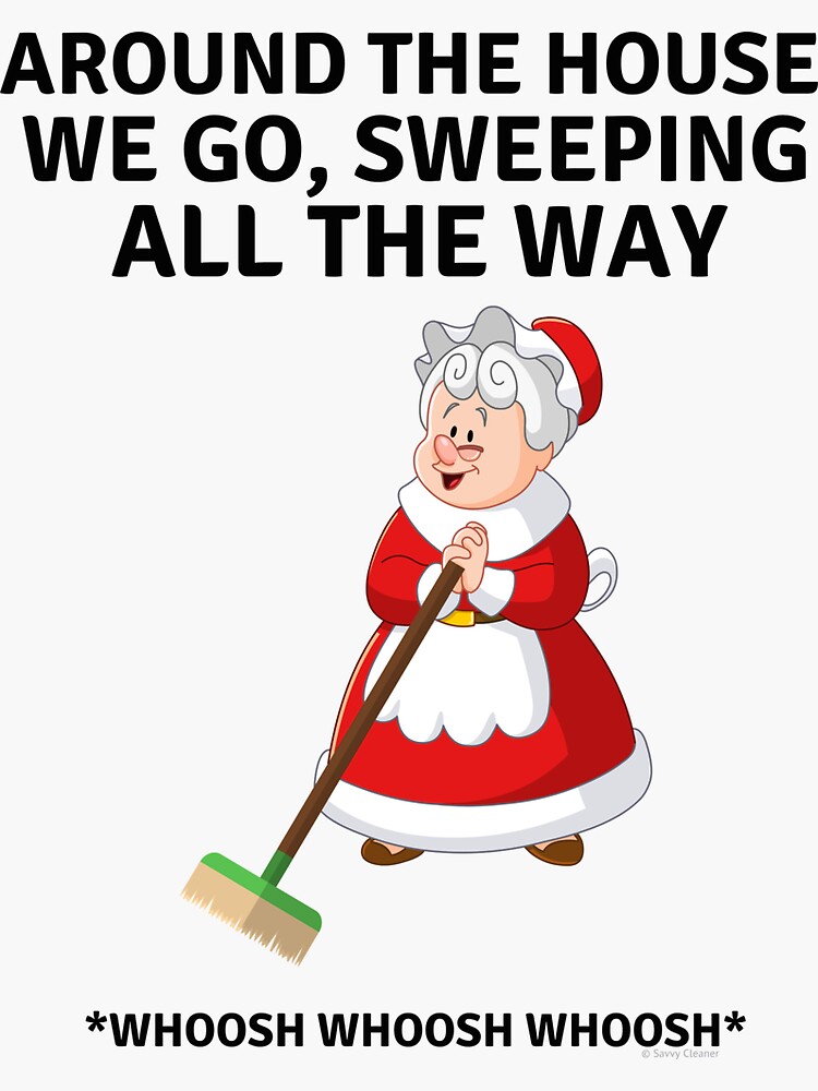Thumbnail 3 of 3, Sticker, Sweeping All the Way, Housekeeping Humor with Mrs. Santa Clause and Broom designed and sold by SavvyCleaner.