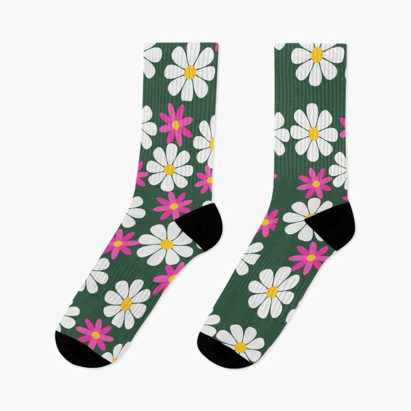 Item preview, 60s Retro Vintage Flowers Sixties ,Daisy White Pink Flowers on Green designed and sold by fairy-taler.