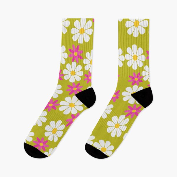 Item preview, 60s Retro Vintage Flowers Sixties Daisies White Pink Flowers on Yellow designed and sold by fairy-taler.