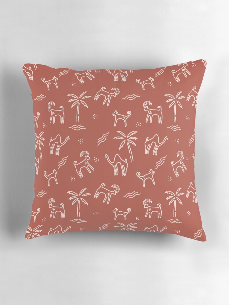 Thumbnail 3 of 4, Pillow, Rock Art Camels, and Arabian Wildlife in burnt umber designed and sold by CreatEVEdesign.