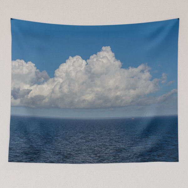 Item preview, White cumulus clouds in sky over blue Baltic sea designed and sold by lena-maximova.