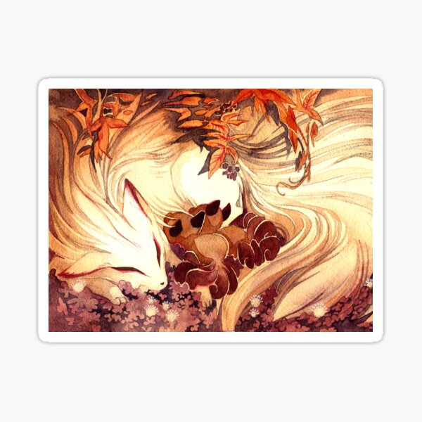 Ninetailed Kitsune Fox with Kits Sticker