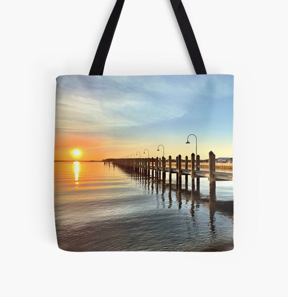 Rehoboth Beach Dock with Sunset All Over Print Tote Bag
