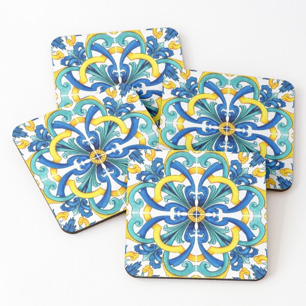 Hand drawn watercolor mediterranean sicilian traditional tiles Coasters (Set of 4)