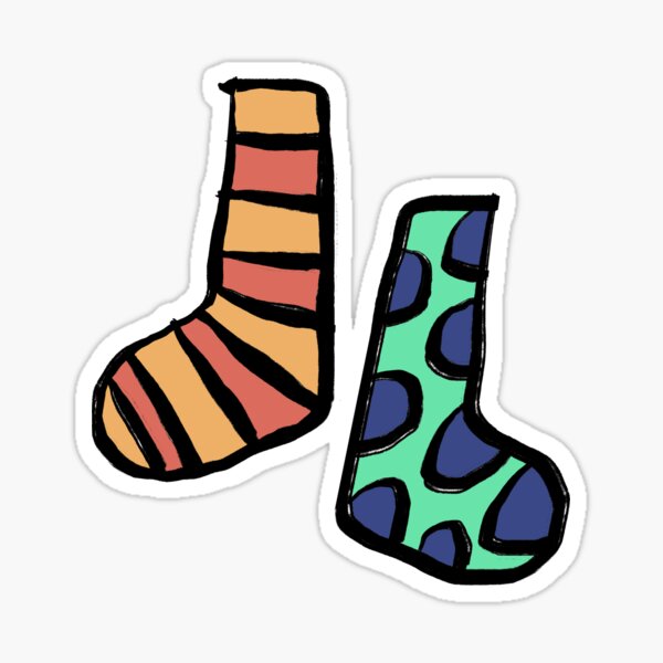 Sticker with white outline. mismatched pair of brightly coloured socks