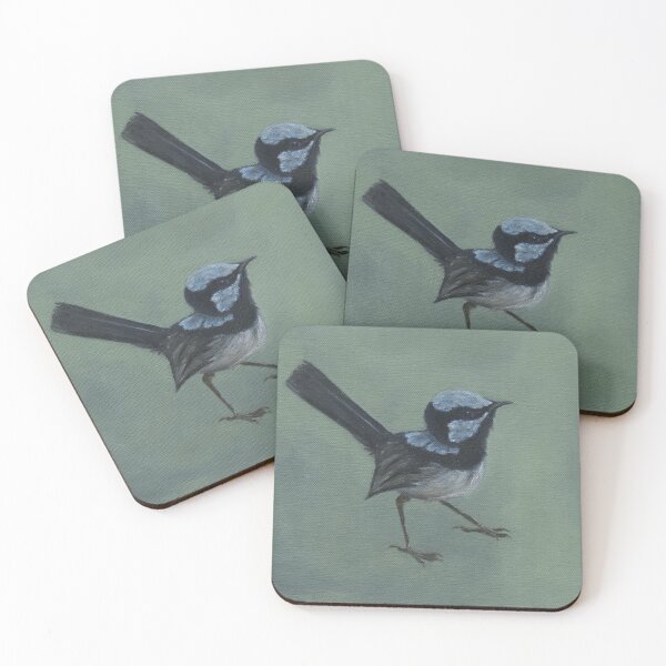Item preview, Wren art, oil painting of a Superb blue fairy wren on green background designed and sold by RachaelCurryArt.