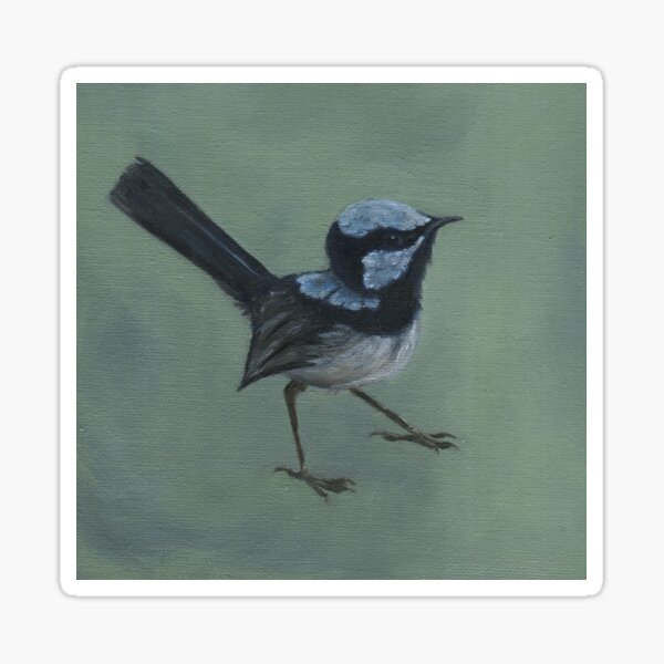 Item preview, Wren art, oil painting of a Superb blue fairy wren on green background designed and sold by RachaelCurryArt.
