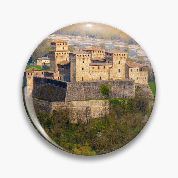 Item preview, aerial view of the medieval fairy castle with a colorful river and yellow lights at the edges beautiful background as in fairy tales designed and sold by fineartitalia.