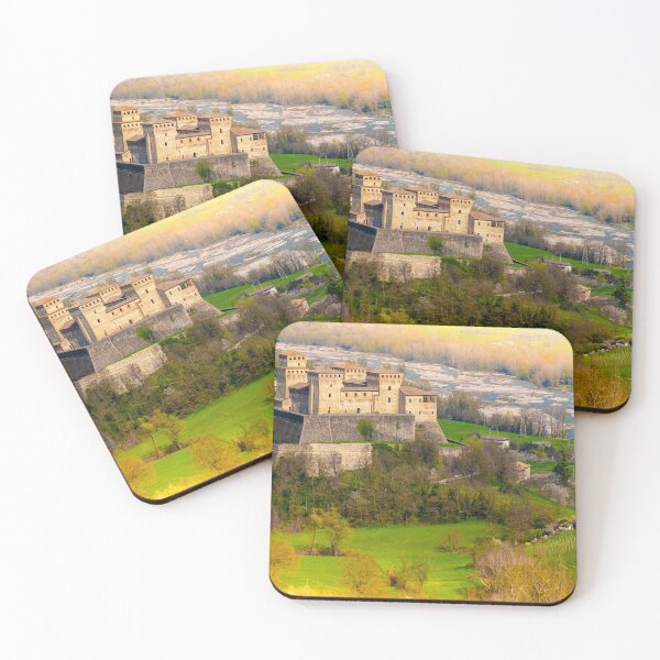 Item preview, aerial view of the medieval fairy castle with a colorful river and yellow lights at the edges beautiful background as in fairy tales designed and sold by fineartitalia.