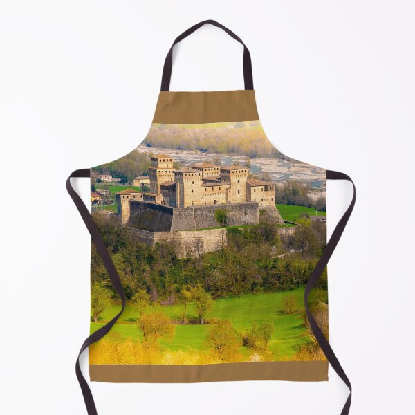 Item preview, aerial view of the medieval fairy castle with a colorful river and yellow lights at the edges beautiful background as in fairy tales designed and sold by fineartitalia.