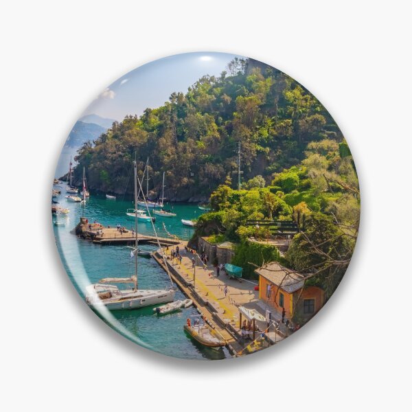 Item preview, beautiful colorful view Gulf of Portofino Italy with castle Brown in background and boats anchored to small picturesque harbor . designed and sold by fineartitalia.