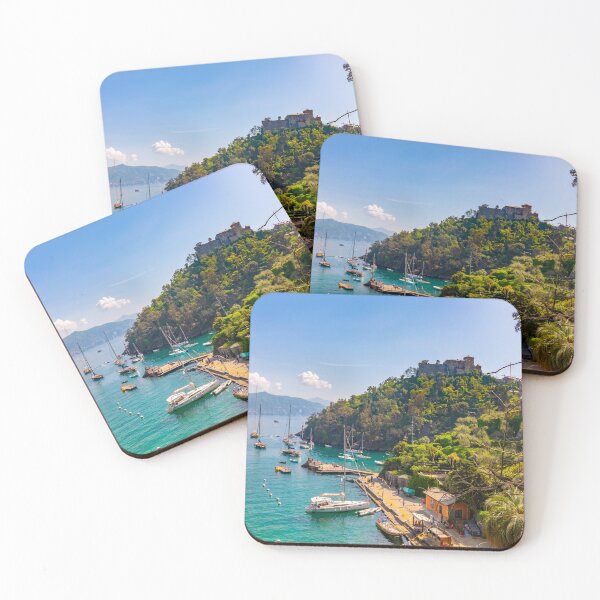 Item preview, beautiful colorful view Gulf of Portofino Italy with castle Brown in background and boats anchored to small picturesque harbor . designed and sold by fineartitalia.