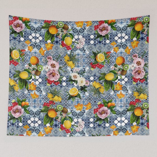 Item preview, Sicilian summer romantic tiles flowers and lemon fruits pattern cottagecore designed and sold by PG Illustration.