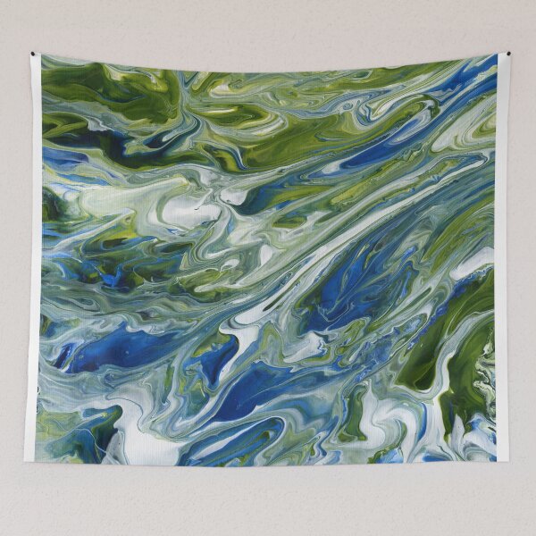 Item preview, Abstract blue and green acrylic pour painting designed and sold by Marion Yeo.