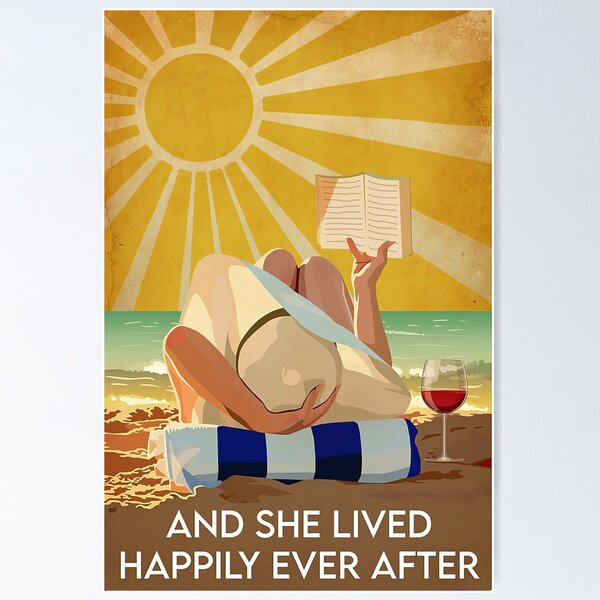 And She Lived Happily Ever After - Girl Reading Book And Red Wine Poster
