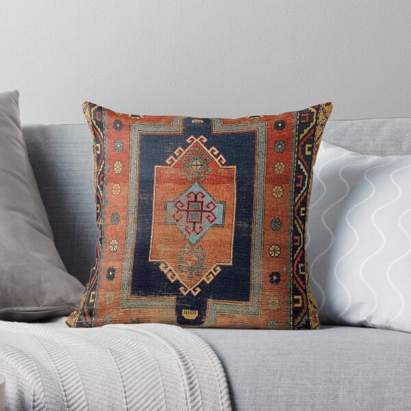 Caucasian Worn Rug Design , Weave, Woven Aztec Textile, Floral, Navajo  Throw Pillow
